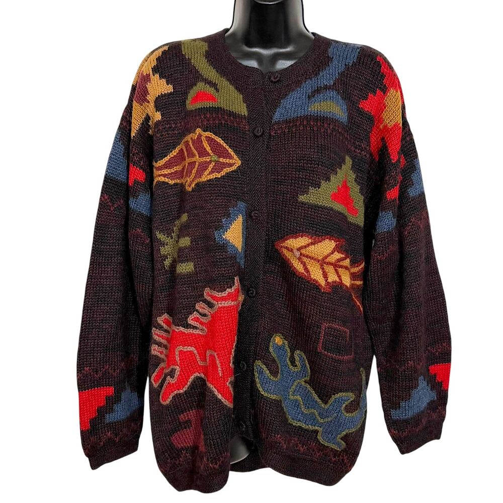 Vtg 90s Alpaca Cardigan Sweater XL Peru Primitive Native Art Horse Snake Lizard